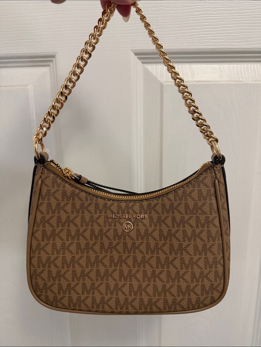 Michael Kors Brown Signature MK Logo Shoulder Bag with Gold Chain
